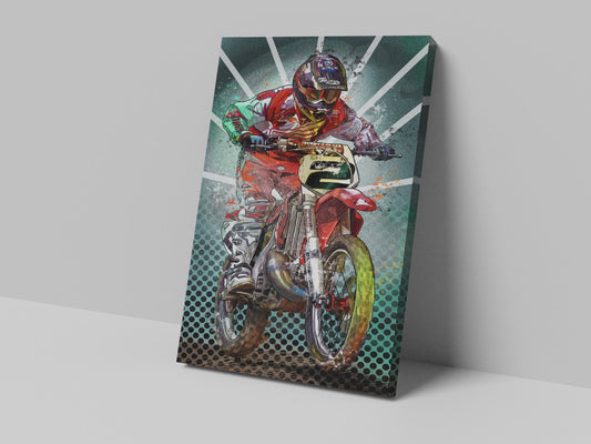 A canvas print of a motocross rider in mid-action on a motorcycle, featuring vibrant colors and dynamic movement.