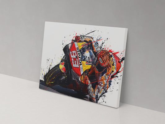 A canvas print featuring a colorful artistic depiction of a motorcycle racer in action.