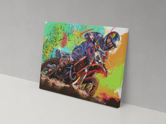 A canvas print featuring a colorful artistic depiction of a motocross rider in mid-action on the bike, with a vibrant and dynamic background.