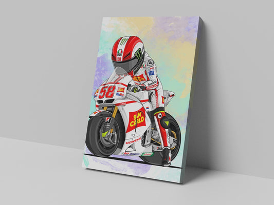 A canvas print featuring a cartoon illustration of a motorcycle racer in white and red gear, with a multicolored background.