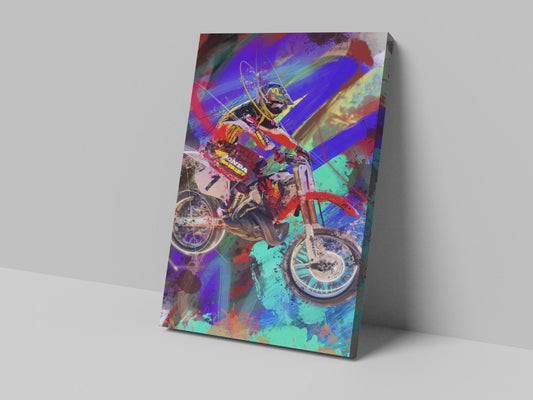 A canvas print featuring a colorful, abstract representation of a person on a motorcycle.