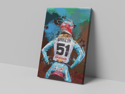 A canvas print featuring a colorful artistic representation of a motorcycle racer wearing number 51.