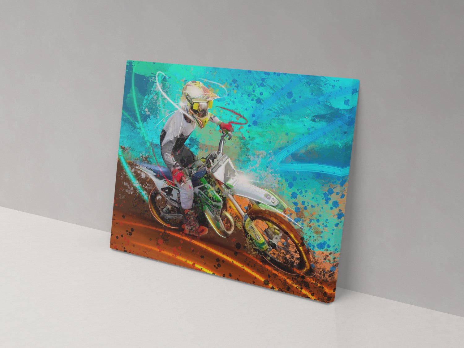 A canvas print featuring a colorful artistic depiction of a person riding a motorcycle.