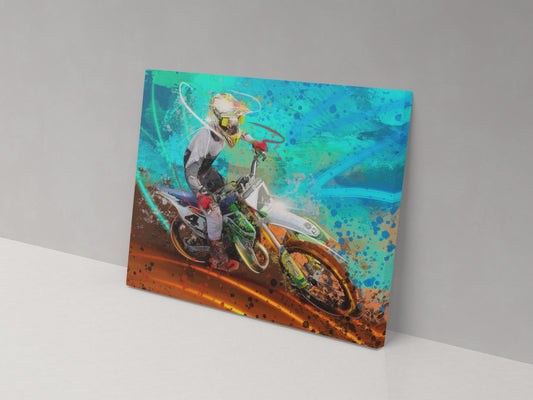 A canvas print featuring a colorful artistic depiction of a person riding a motorcycle.
