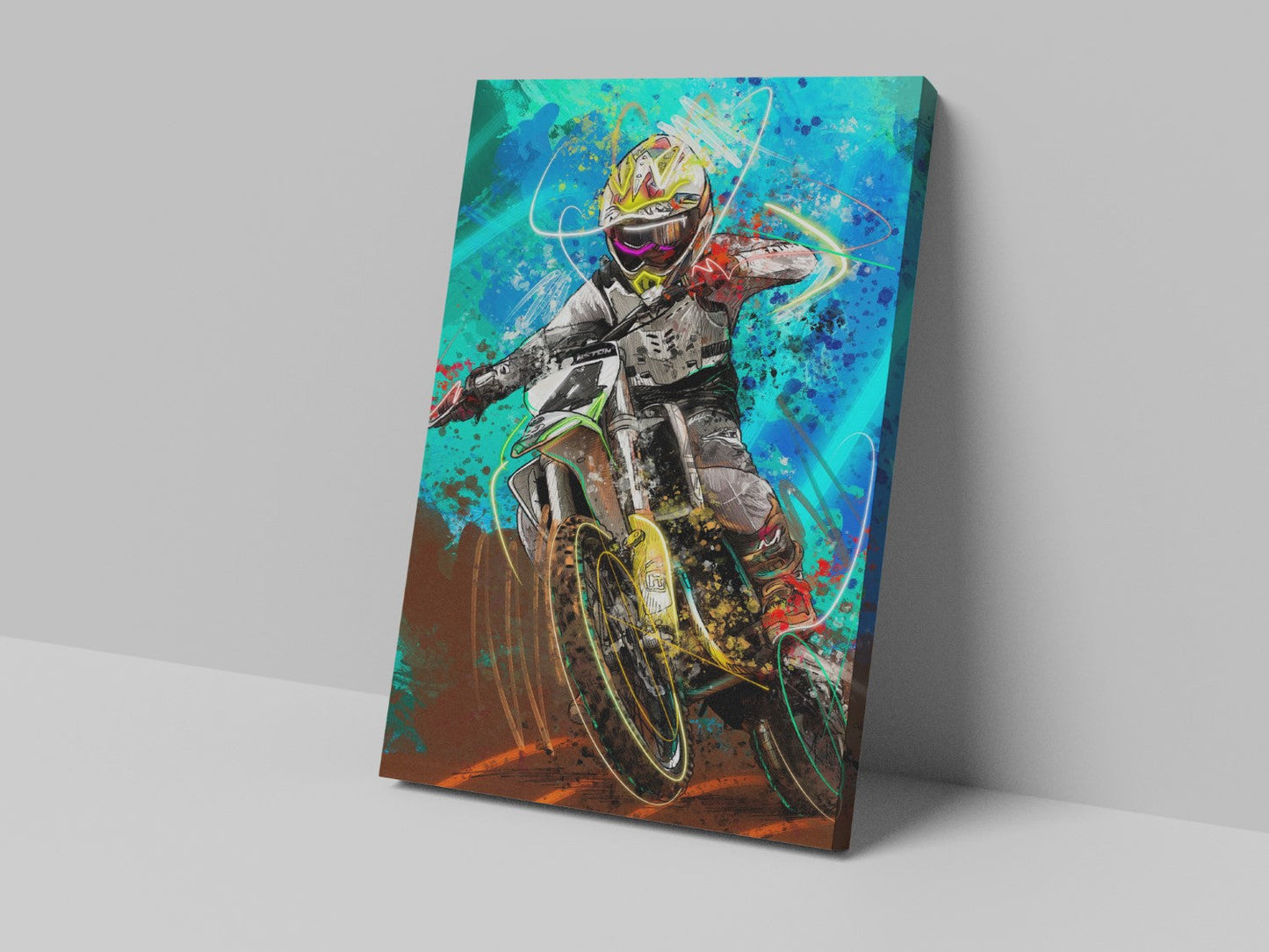 A canvas print featuring a colorful artistic depiction of a motorcycle racer in motion.