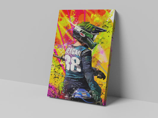A canvas print featuring a colorful artistic depiction of a person with a motorcycle helmet and the number 38, set against an abstract background.