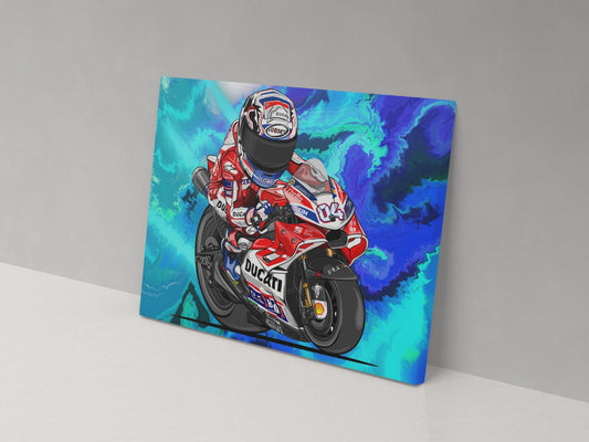 A canvas print featuring a cartoon depiction of a motorcycle racer in action on a multicolored background.