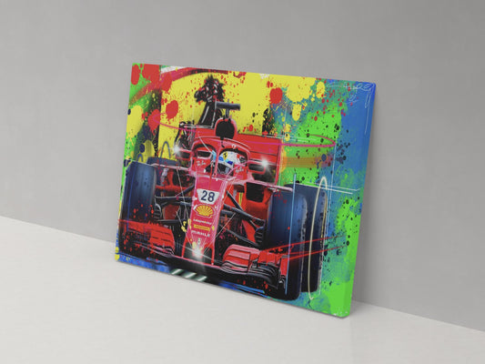 Gerhard Berger Formula 1 artwork on a canvas print, displayed against a grey wall