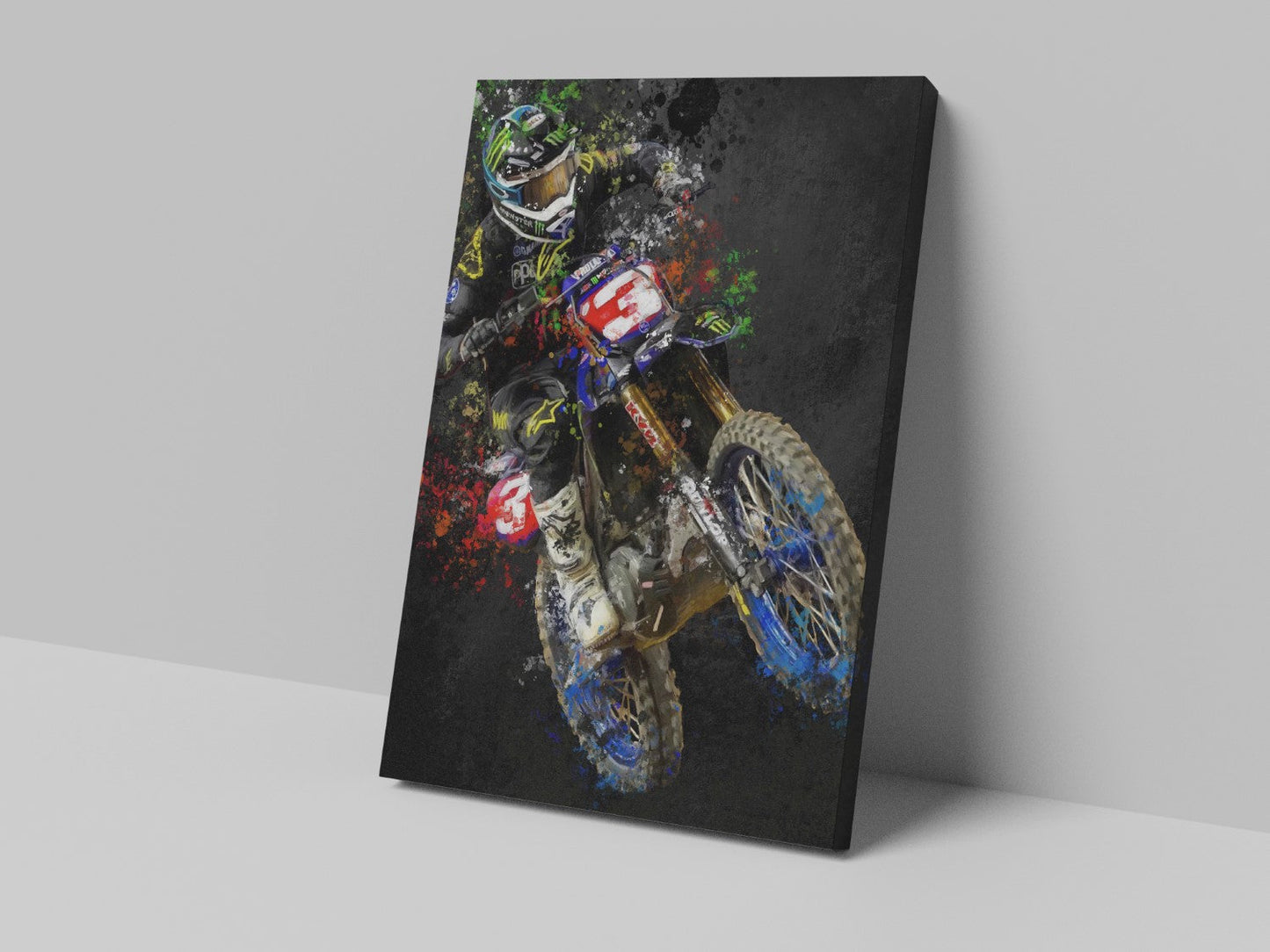 A canvas print featuring a colorful artistic representation of a motocross rider on a motorcycle.