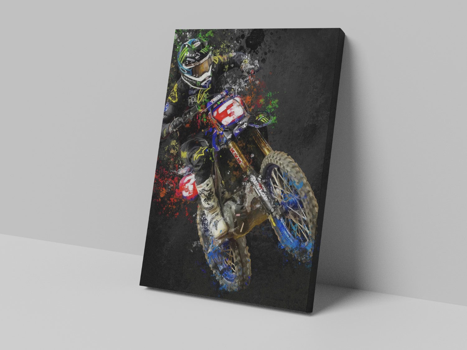 A canvas print featuring a colorful artistic representation of a motocross rider on a motorcycle.