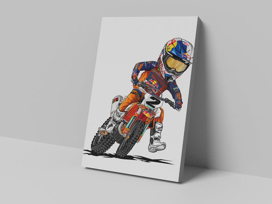 A canvas print of a cartoon illustration of a motocross rider in mid-action on a motorcycle.