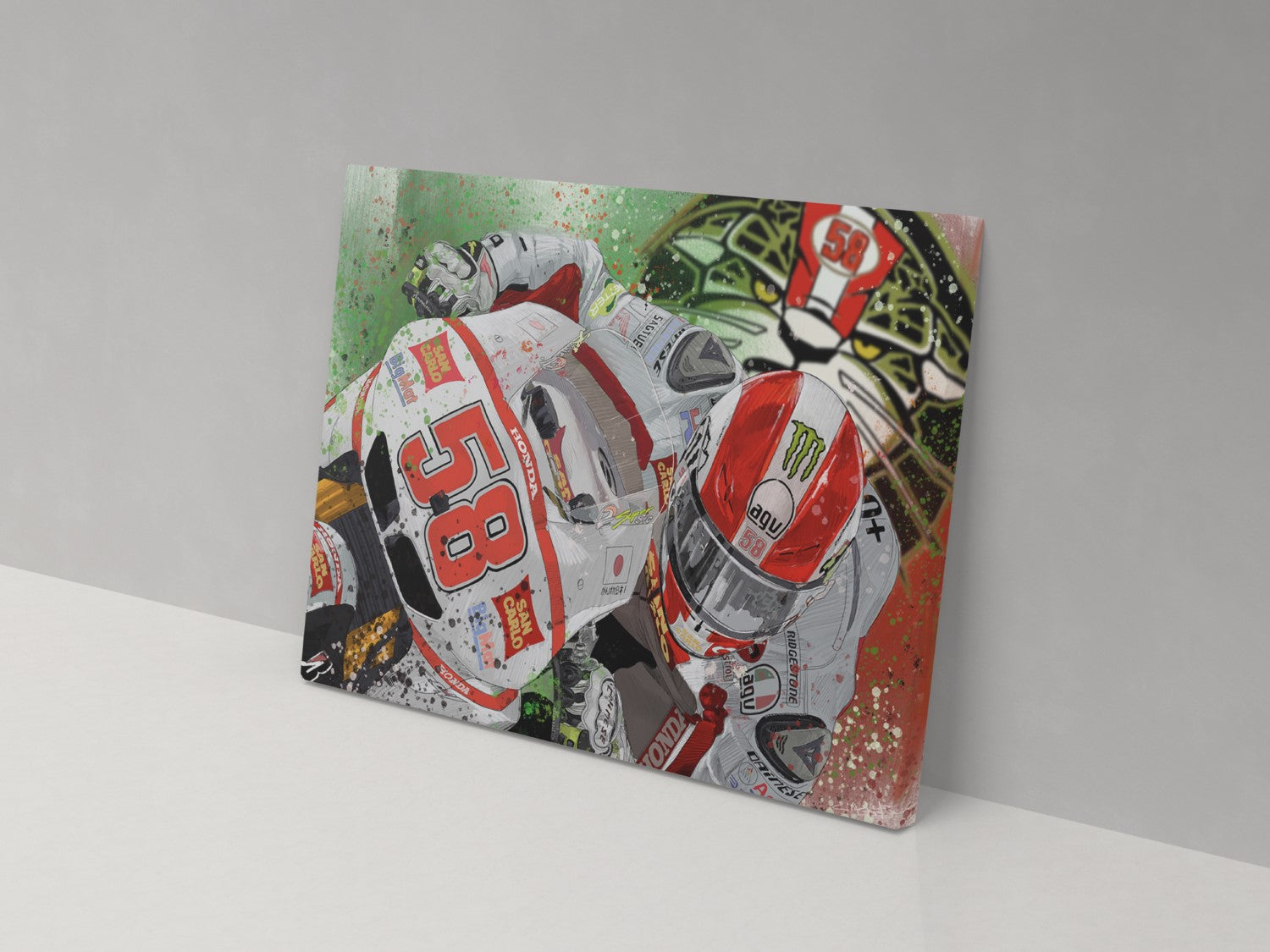 A canvas print featuring a colorful illustration of a motorcycle racer in full gear, with a strong emphasis on red and green colors, mounted on a wall.