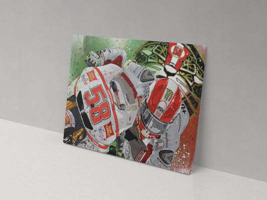A canvas print featuring a colorful illustration of a motorcycle racer in full gear, with a strong emphasis on red and green colors, mounted on a wall.