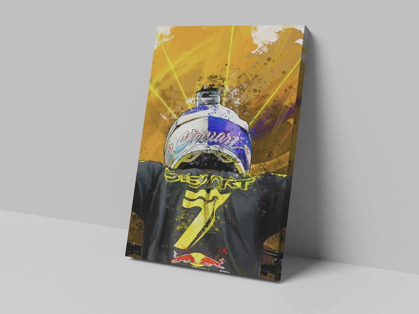 A canvas print featuring a colorful graphic of a racing helmet with a checkered pattern and sponsor logos, mounted on a wall.