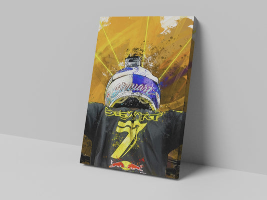 A canvas print featuring a colorful graphic of a racing helmet with a checkered pattern and sponsor logos, mounted on a wall.
