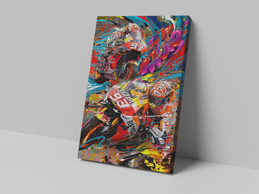 A canvas print featuring a colorful, abstract montage of racing elements, mounted on a wall.