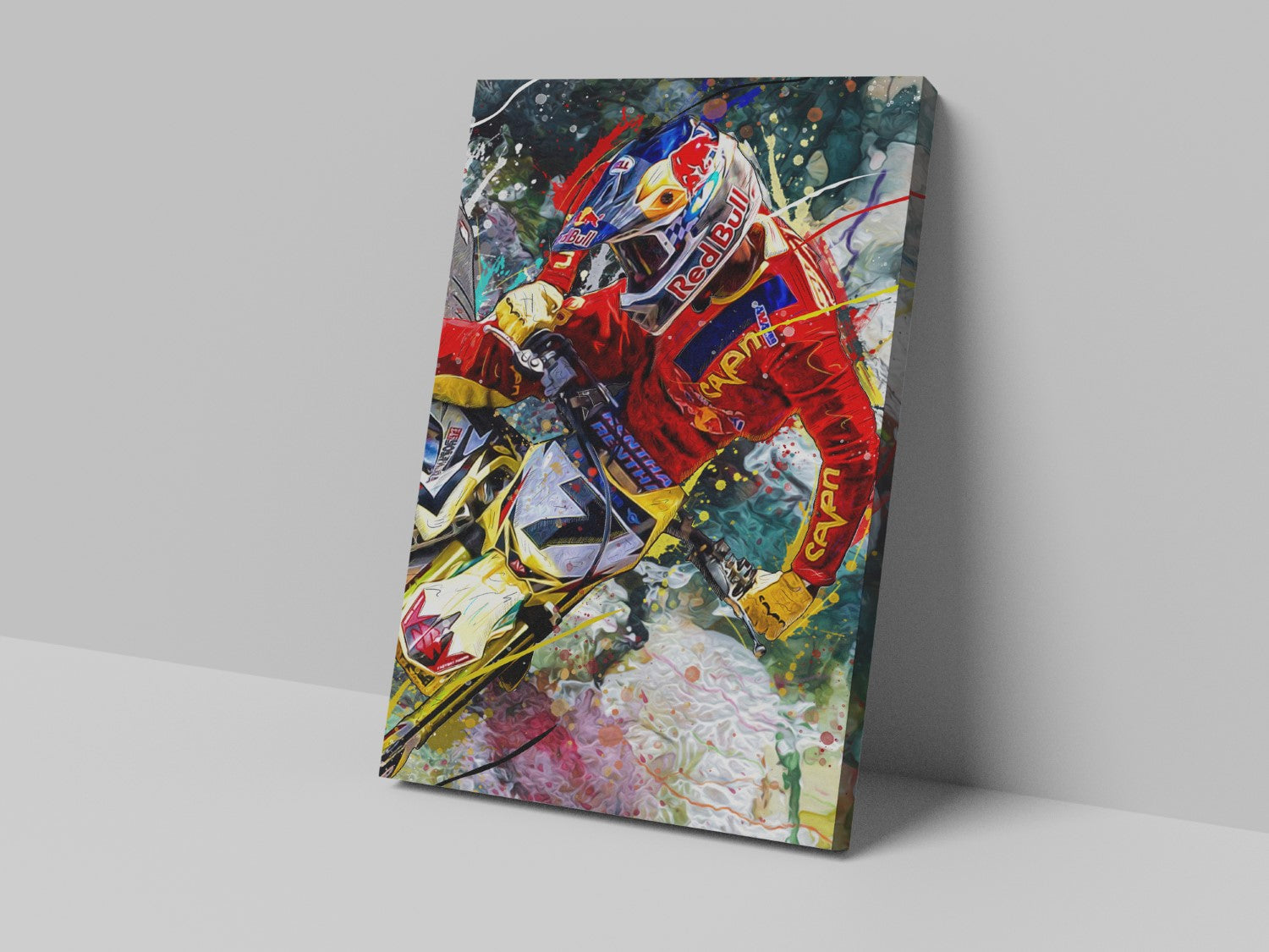 A canvas print featuring an abstract, multicolored artistic representation of a racing scene with prominent red and yellow elements.