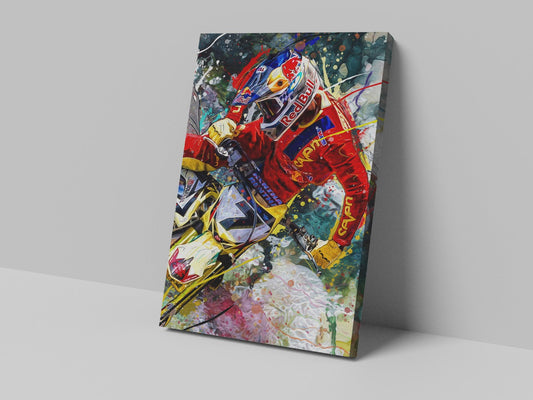 A canvas print featuring an abstract, multicolored artistic representation of a racing scene with prominent red and yellow elements.