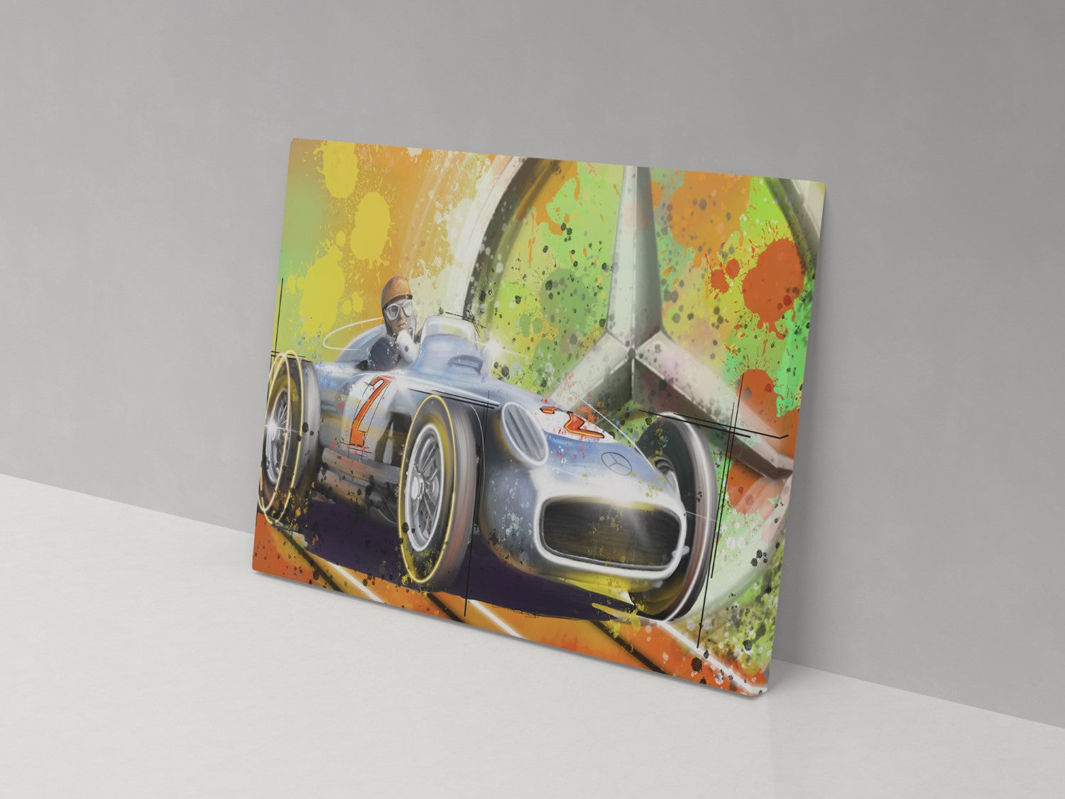 Classic Mercedes Formula 1 car canvas print, displayed against a grey wall