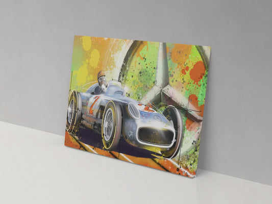 Classic Mercedes Formula 1 car canvas print, displayed against a grey wall