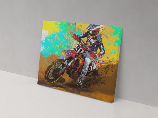 A canvas print featuring a colorful illustration of a motocross rider in mid-action on the bike, with a predominantly yellow and red background.