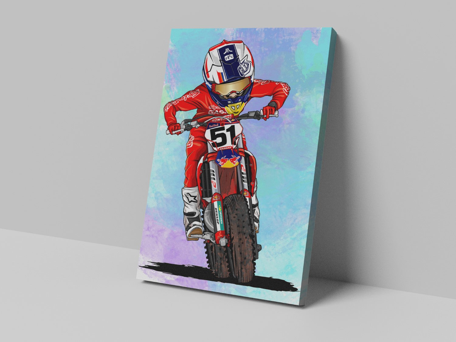 A canvas print of a cartoon depiction of a motocross rider in mid-action, wearing a red jersey and helmet, on a white background.