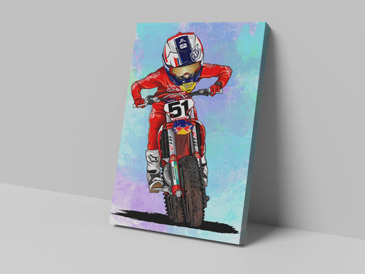 A canvas print of a cartoon depiction of a motocross rider in mid-action, wearing a red jersey and helmet, on a white background.