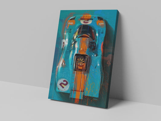 A canvas print featuring an abstract representation of a blue and orange race car.