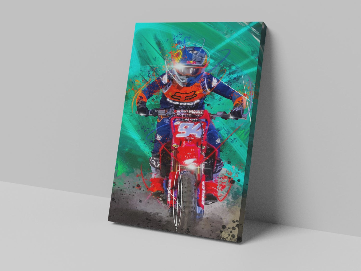 A canvas print featuring a colorful illustration of a motocross rider in blue and red gear on a motorcycle, with a vibrant and dynamic background.