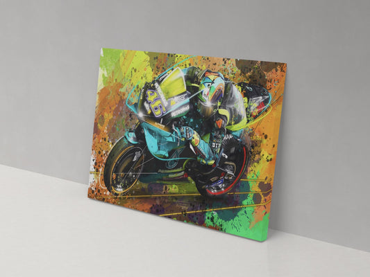 A canvas print featuring a colorful, abstract depiction of a motorcycle with a splash paint effect.