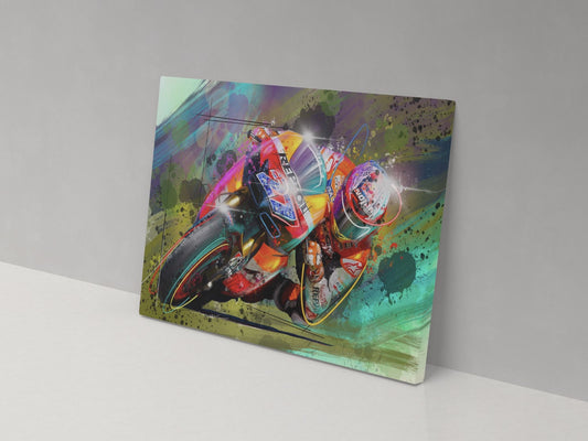 A canvas print featuring a colorful artistic depiction of a motorcycle racer in motion.