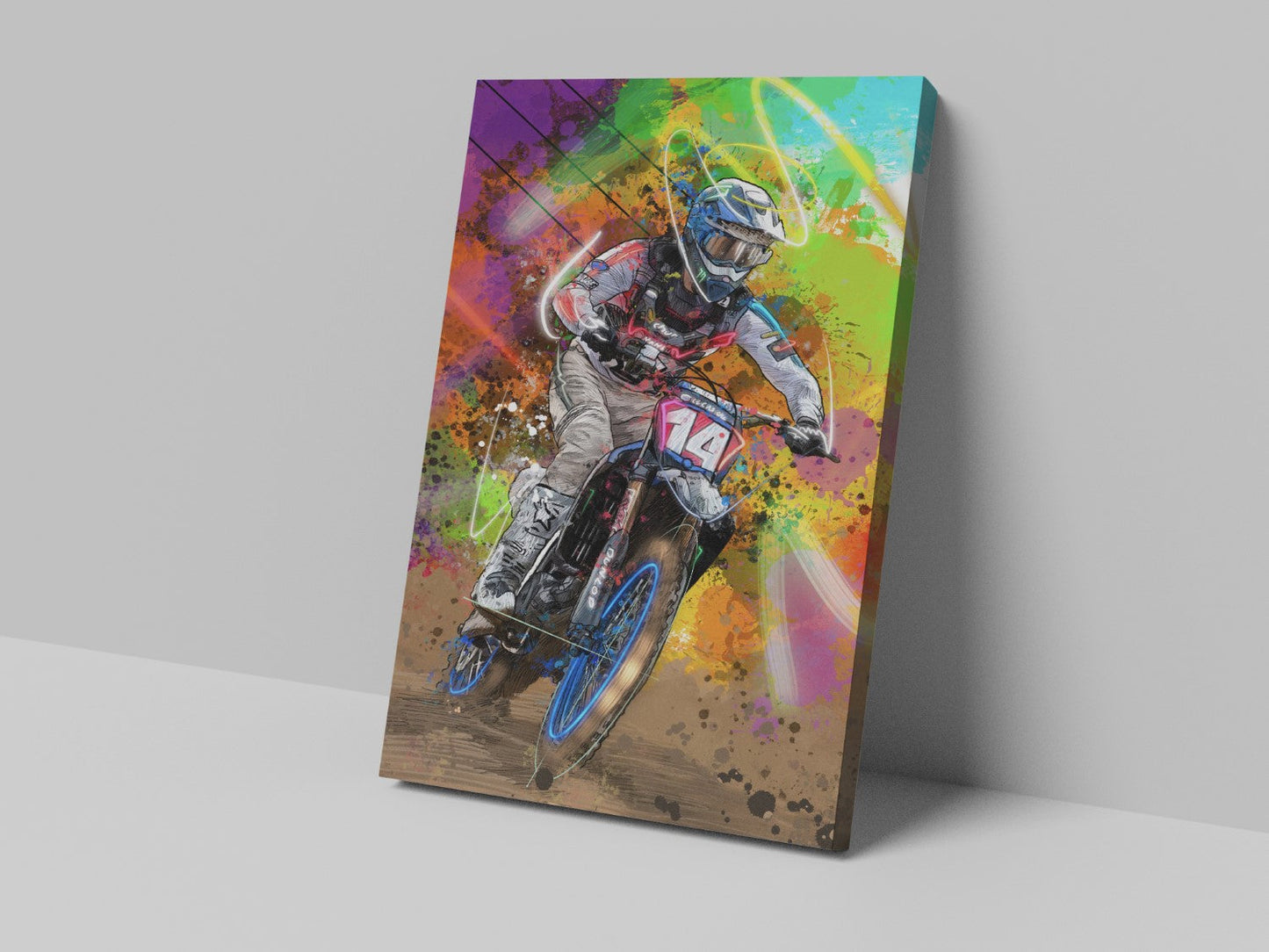 A canvas print featuring a colorful artistic depiction of a motocross rider in mid-action on a motorcycle.