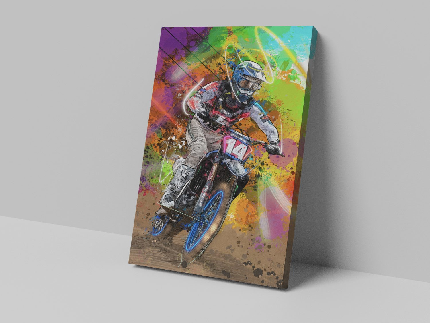 A canvas print featuring a colorful artistic depiction of a motocross rider in mid-action on a motorcycle.