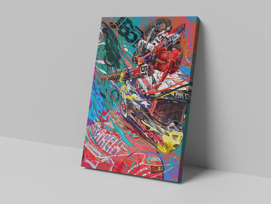 A canvas print featuring an abstract painting with vibrant colors and dynamic brushstrokes, displayed against a white wall.