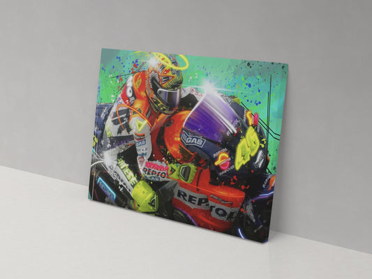 A canvas print featuring a colorful illustration of a motorcycle racer in full gear with a Repsol sponsor logo.