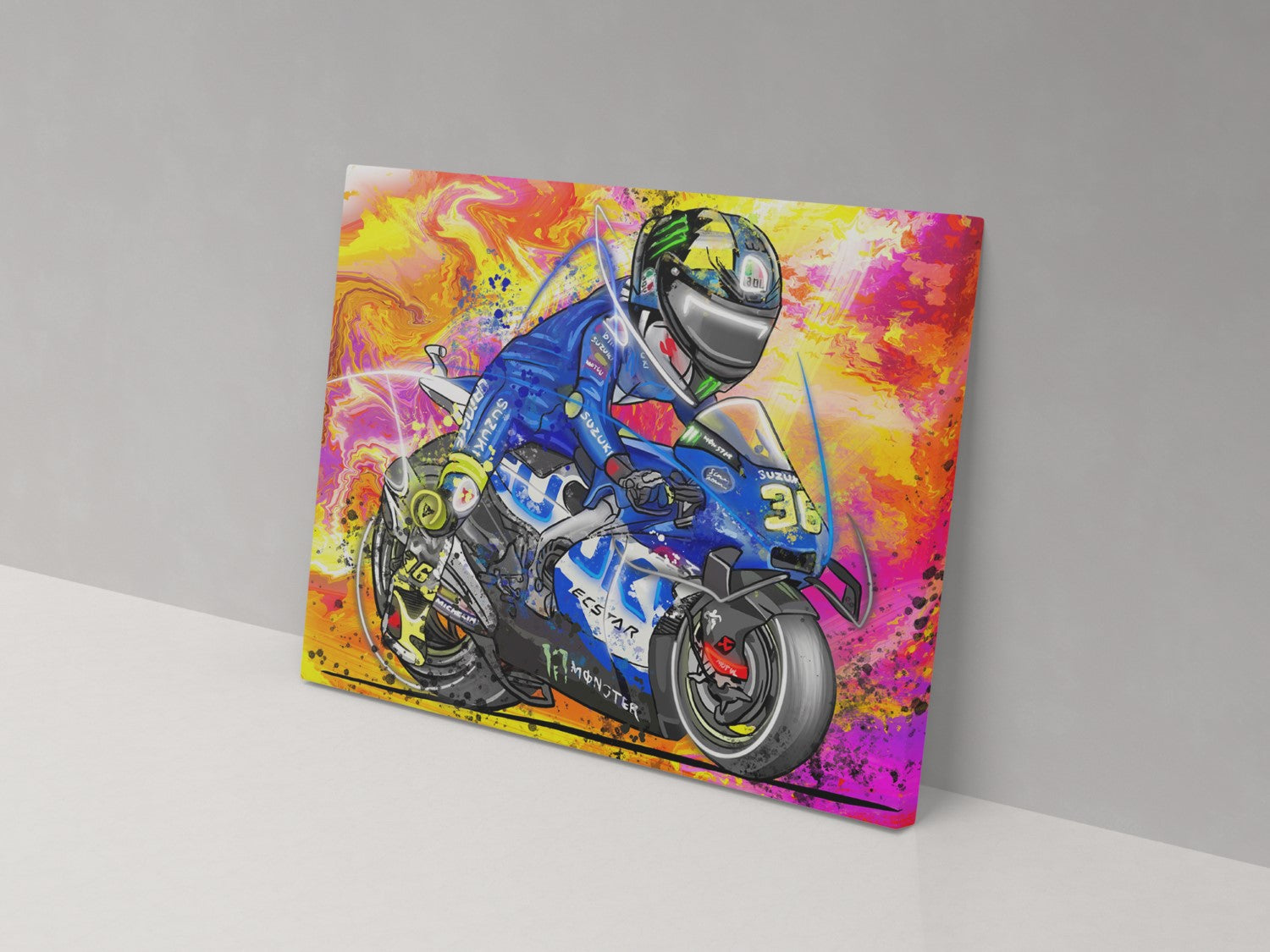 A canvas print featuring a colorful illustration of a motorcycle racer in motion.