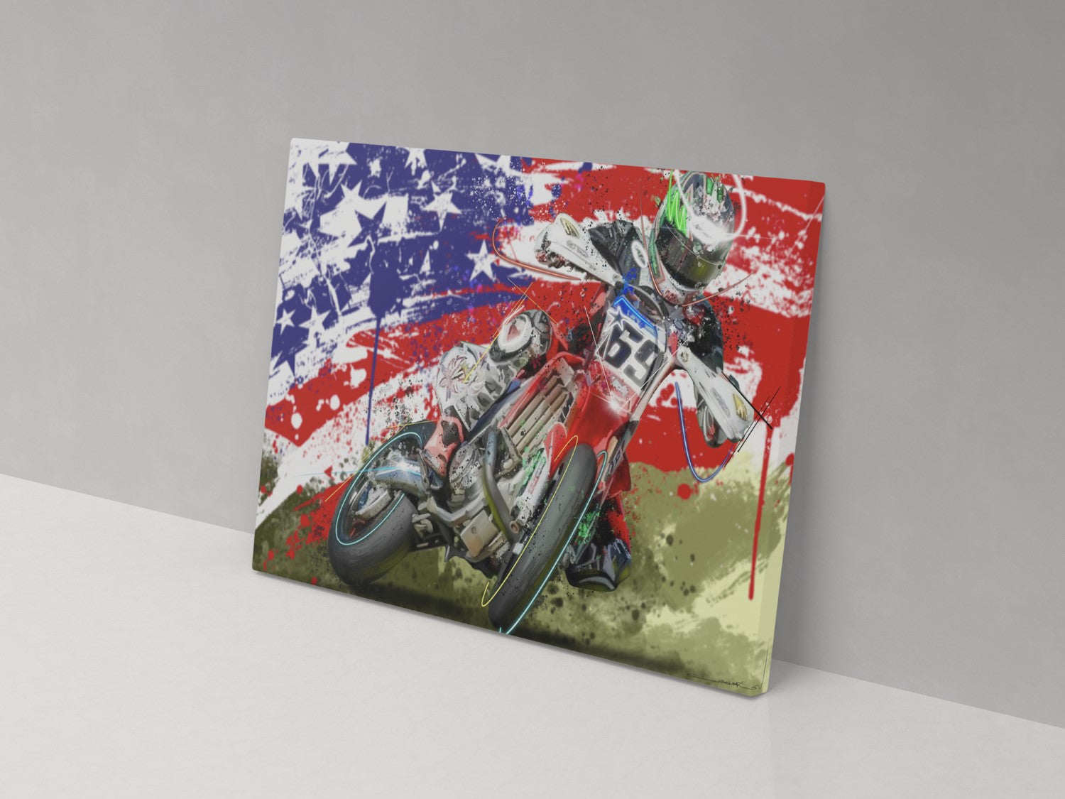 A canvas print featuring an illustration of a motorcycle with a colorful, abstract design in the background, predominantly in red, white, and blue.