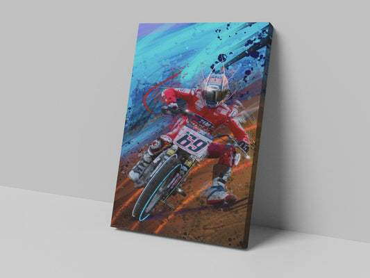 A canvas print featuring a colorful illustration of a motorcycle racer in motion, with a predominantly blue and red color scheme.