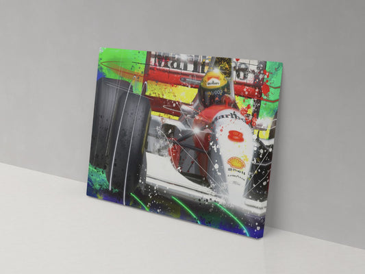 Ayrton Senna red-and-white Formula 1 artwork on a canvas print, displayed against a grey wall