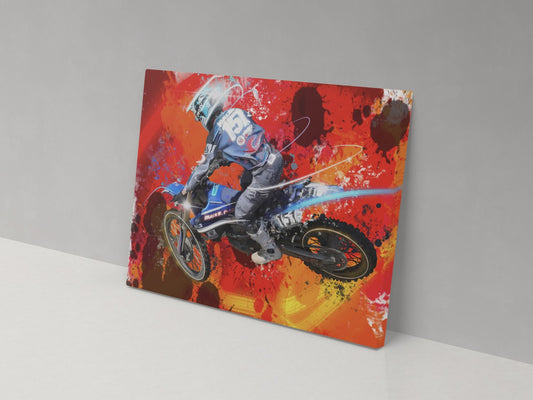 A canvas print featuring a vibrant, abstract depiction of a motorcycle in motion with a colorful background.