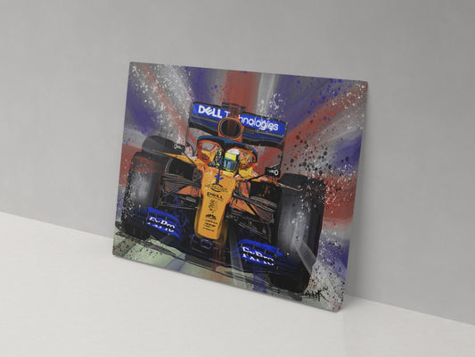 Lando Norris McLaren Formula 1 car canvas print, displayed against a grey wall