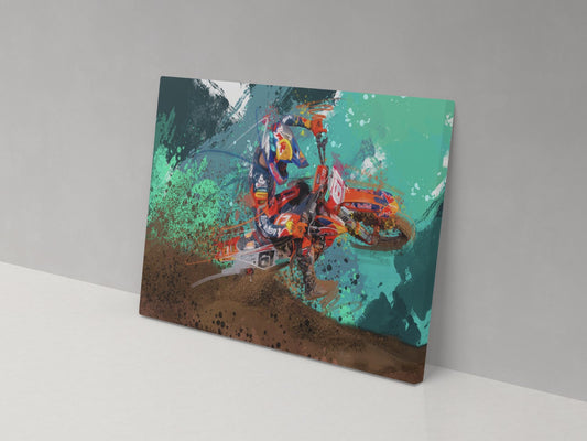 A canvas print featuring an abstract artwork with vibrant colors and dynamic textures.
