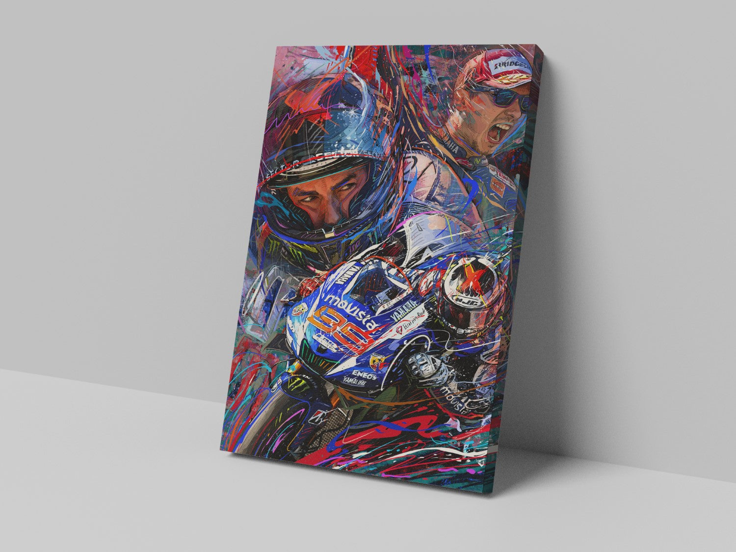 A canvas print featuring a colorful, abstract depiction of race car drivers and a race car.