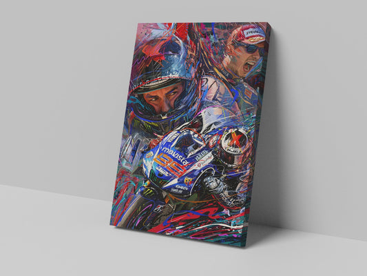 A canvas print featuring a colorful, abstract depiction of race car drivers and a race car.