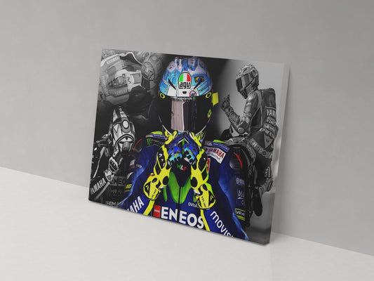A canvas print featuring a black and white image of a motorcycle racer in full gear with a prominent yellow accent on the helmet, named 'Rossi Black and White Canvas Print'.