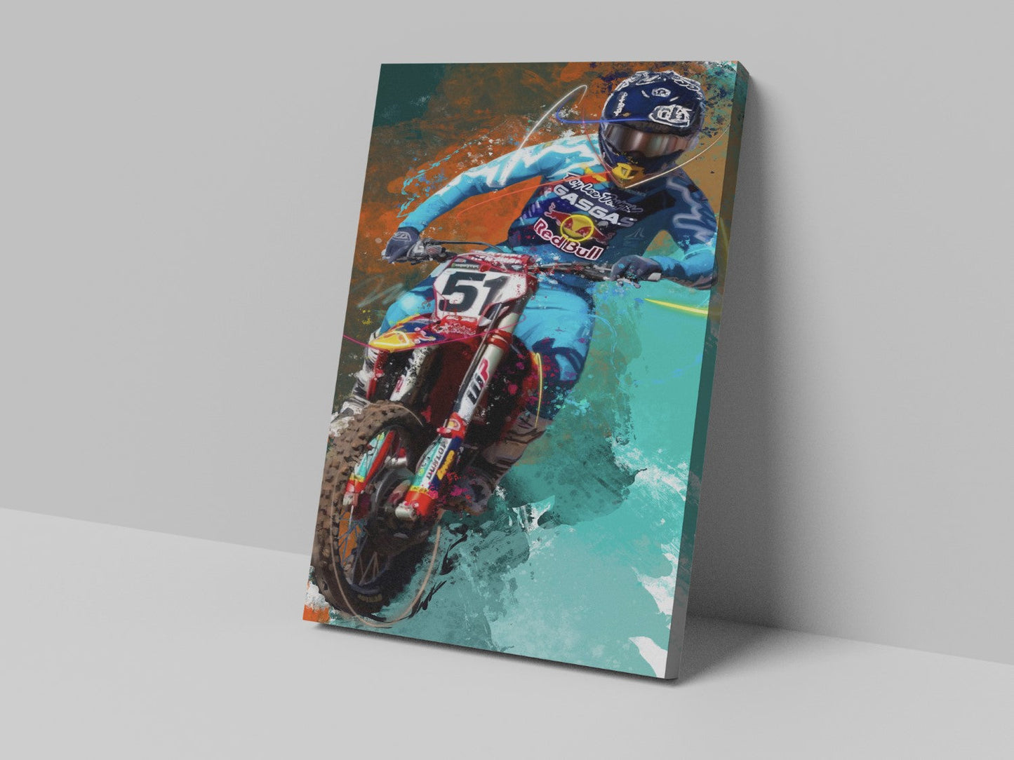 A canvas print featuring a colorful illustration of a motocross rider in blue gear on a dirt bike, with an action-packed background.
