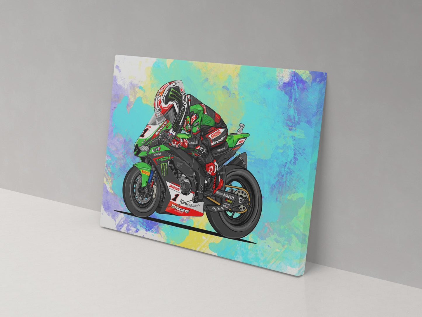 A canvas print featuring a colorful illustration of a motorcycle racer on a motorcycle with a multicolored abstract design in the background.