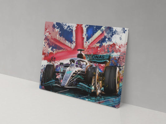 Lewis Hamilton silver Mercedes Formula 1 car canvas print with a Union Jack background