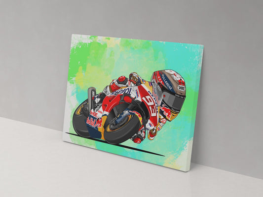 A canvas print featuring a colorful cartoon illustration of a motorcycle racer in action.