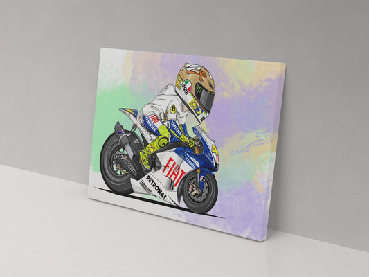 A canvas print featuring a cartoon illustration of a motorcycle racer in a multicolored abstract style on a blue background.